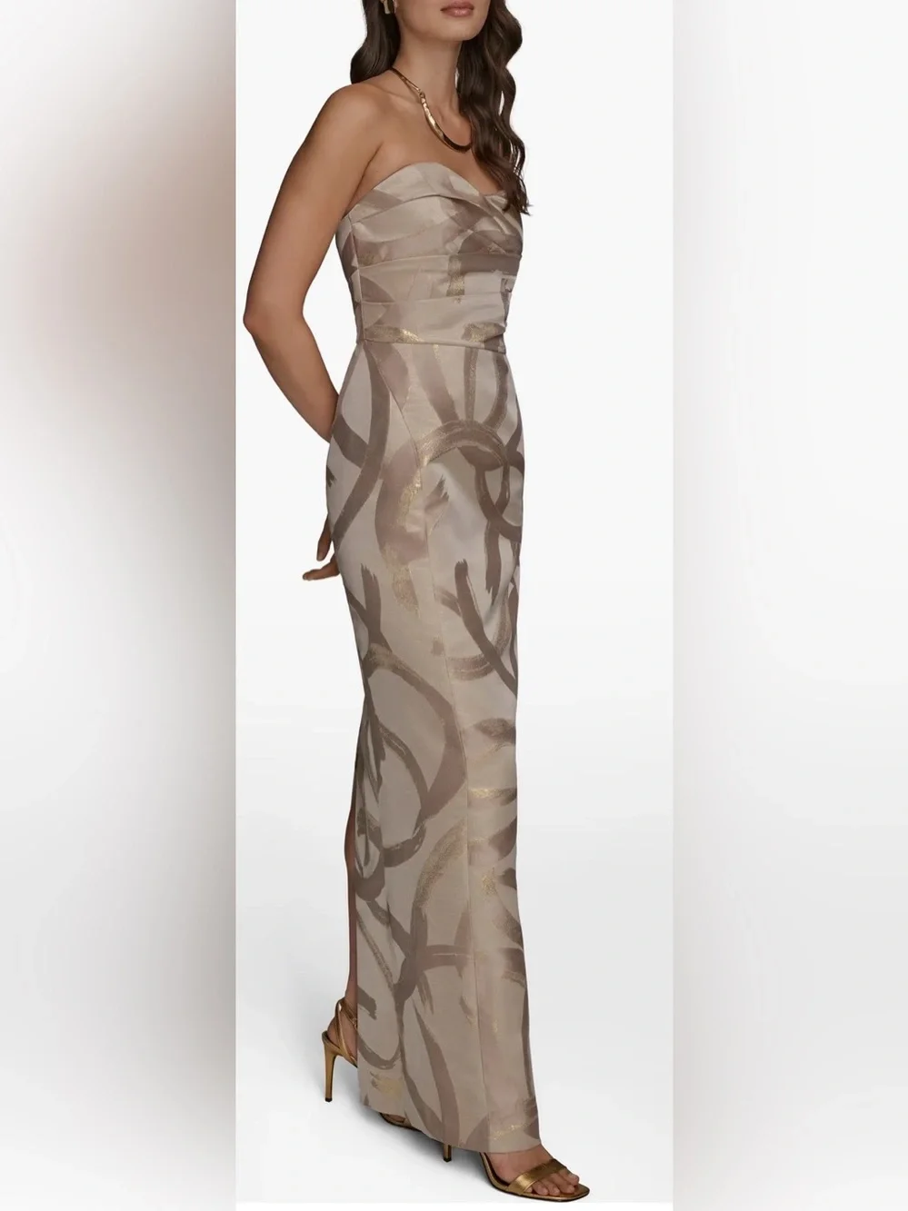 NEW Donna Karan New York Pleated Metallic Strapless Gown Sz 12